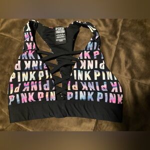 PINK Victoria's Secret Ultimate Sports Bra, size small, black, colorful writing